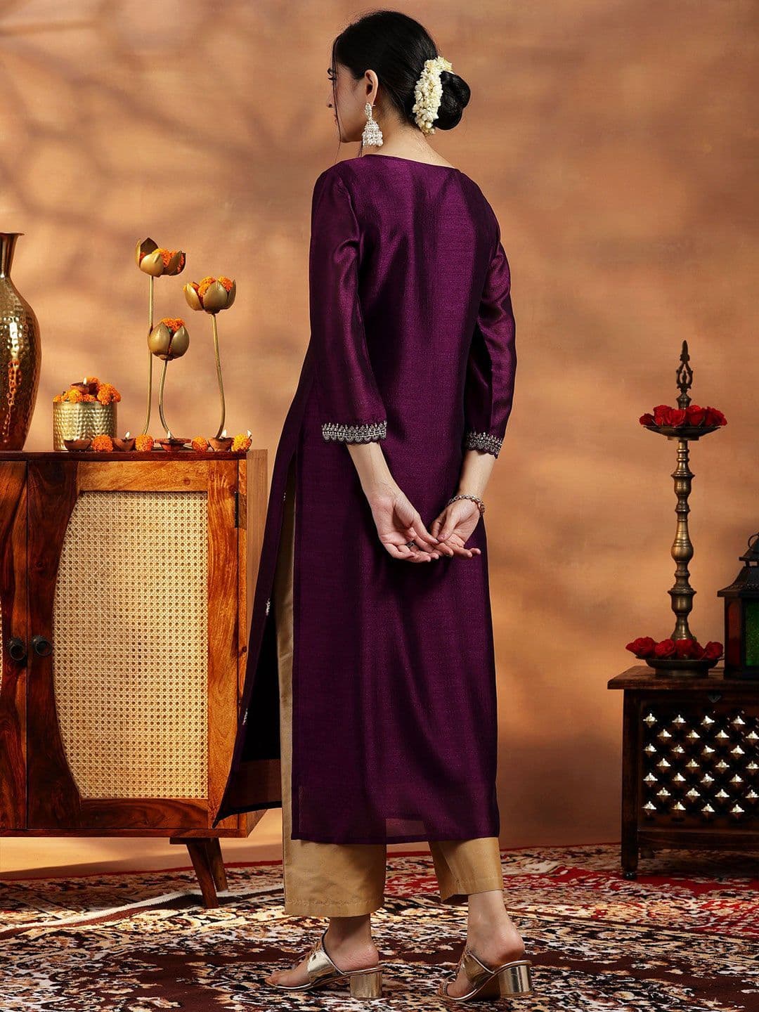 Libas Women Burgundy Embroidered Silk Straight Kurta thumbnail 3