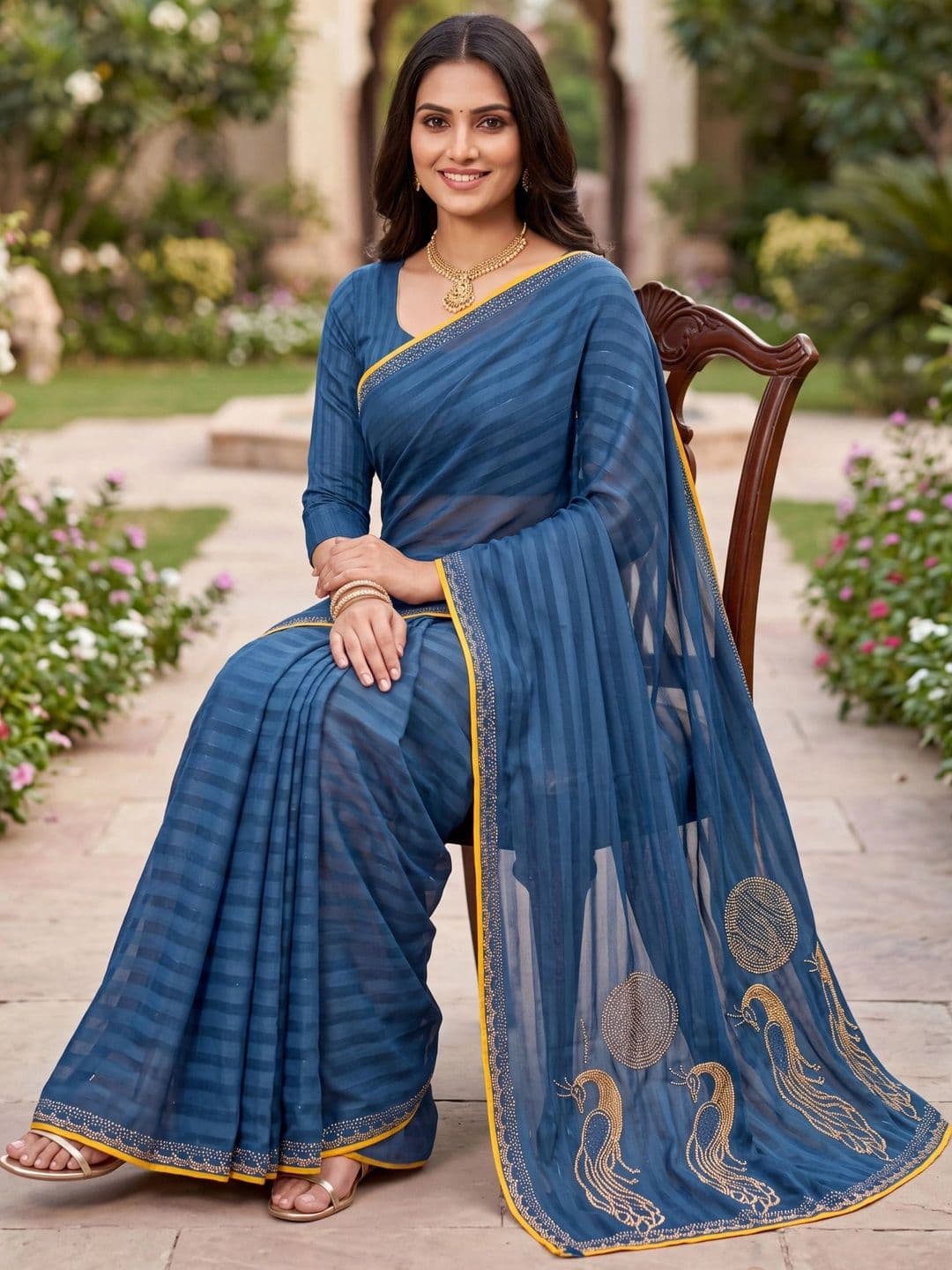 Jaipur Vogue Striped Embroidered Poly Georgette Saree thumbnail 2