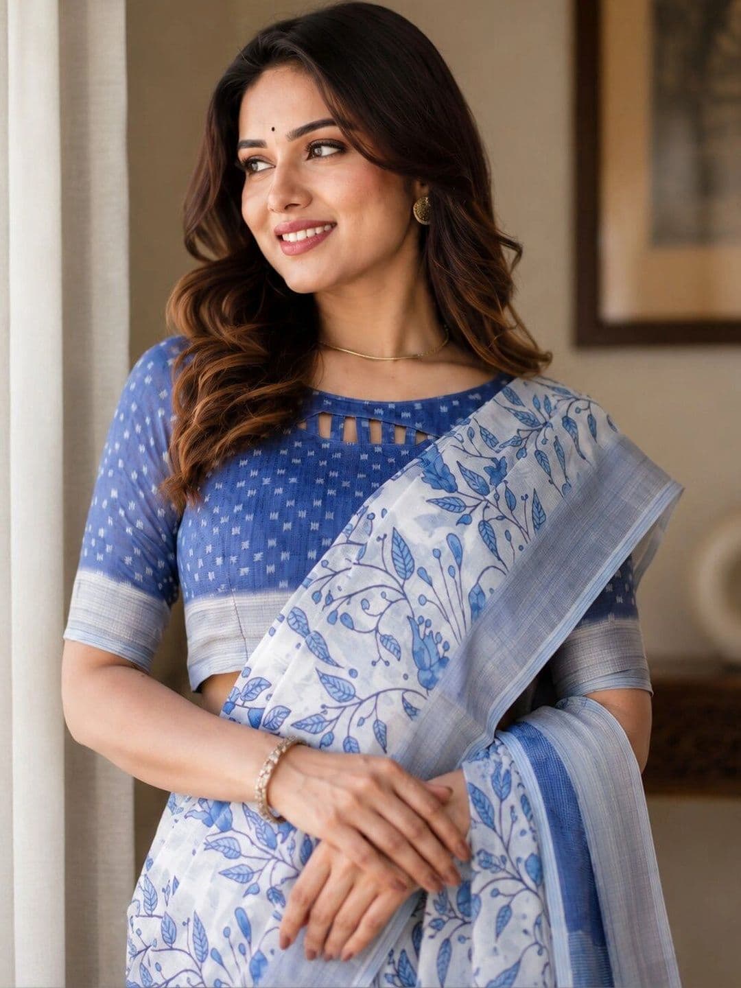 Moda Rapido Floral Linen Blend Bhagalpuri Saree thumbnail 2