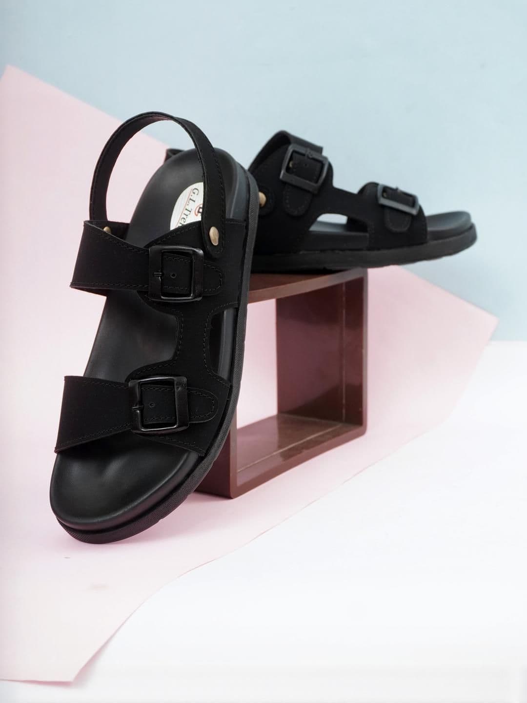 G L Trend Black Leather Sandals - view 1