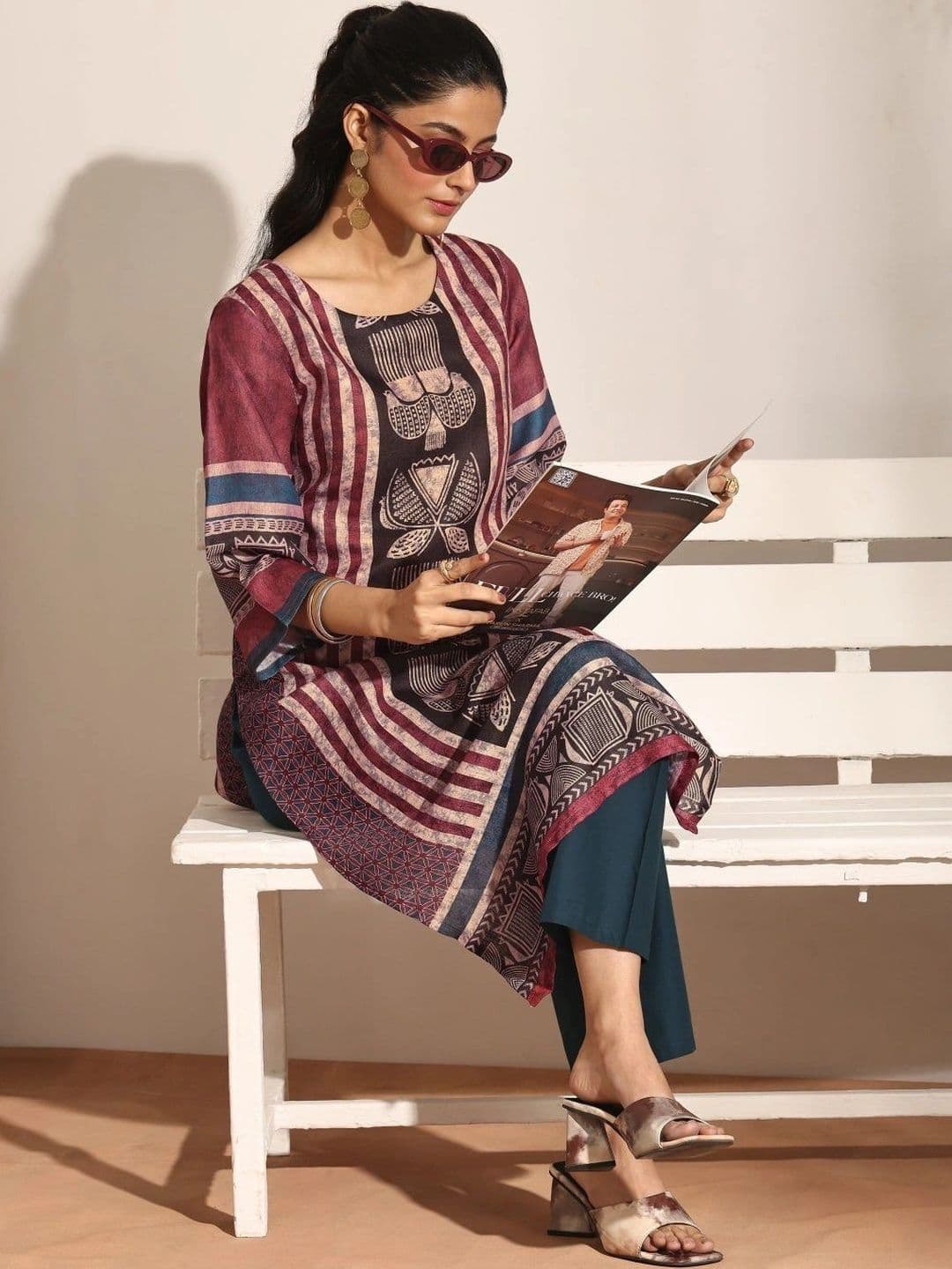 Libas Women Maroon Striped Printed Straight Kurta - view 1