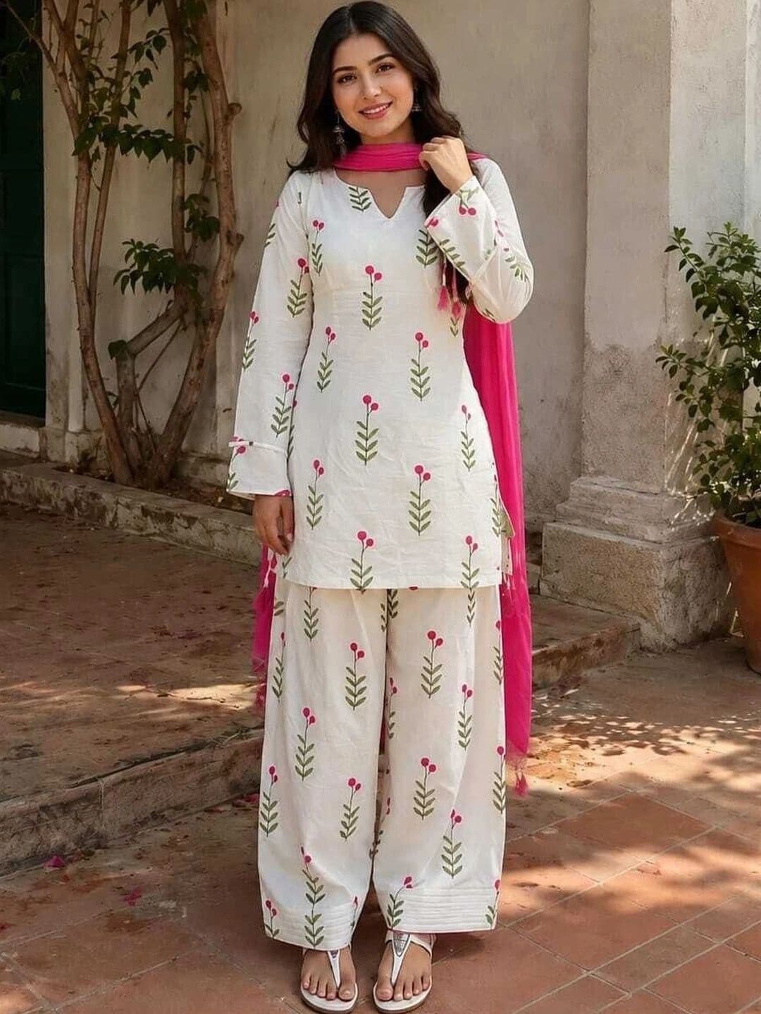 MARIONETTEFASHION Women Floral Printed Regular Pure Cotton Kurta with Palazzos & With Dupatta - view 1