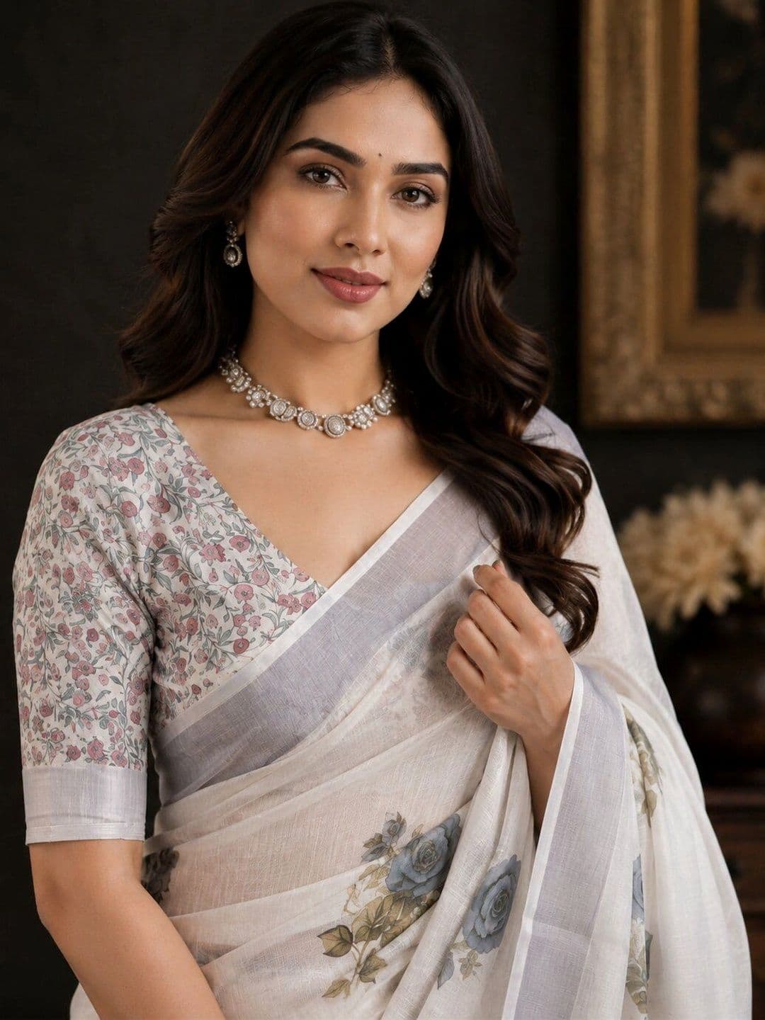 HERE&NOW Floral Linen Blend Bhagalpuri Saree thumbnail 3