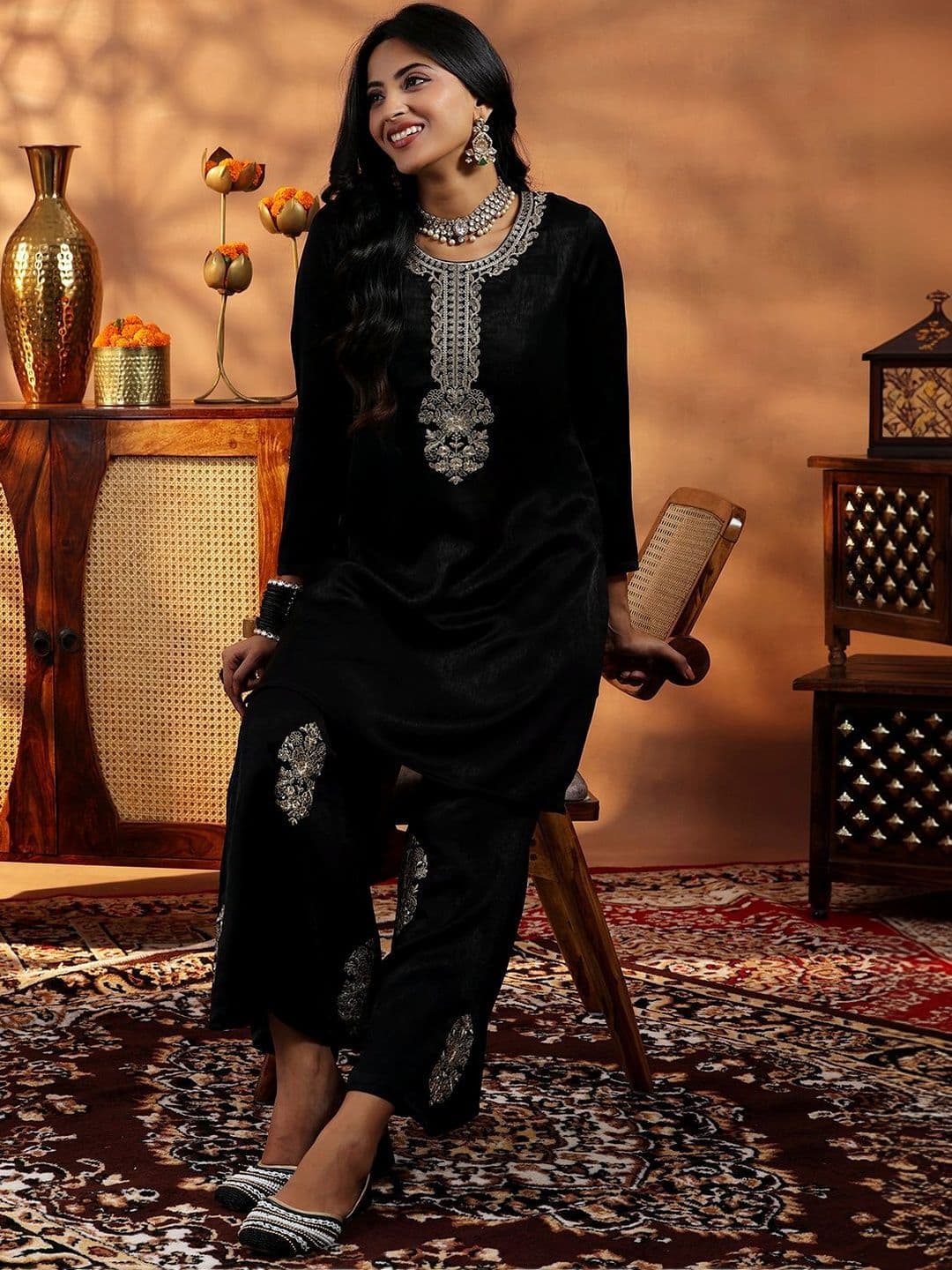 Libas Floral Velvet Embroidered Tunic with Palazzos - view 1