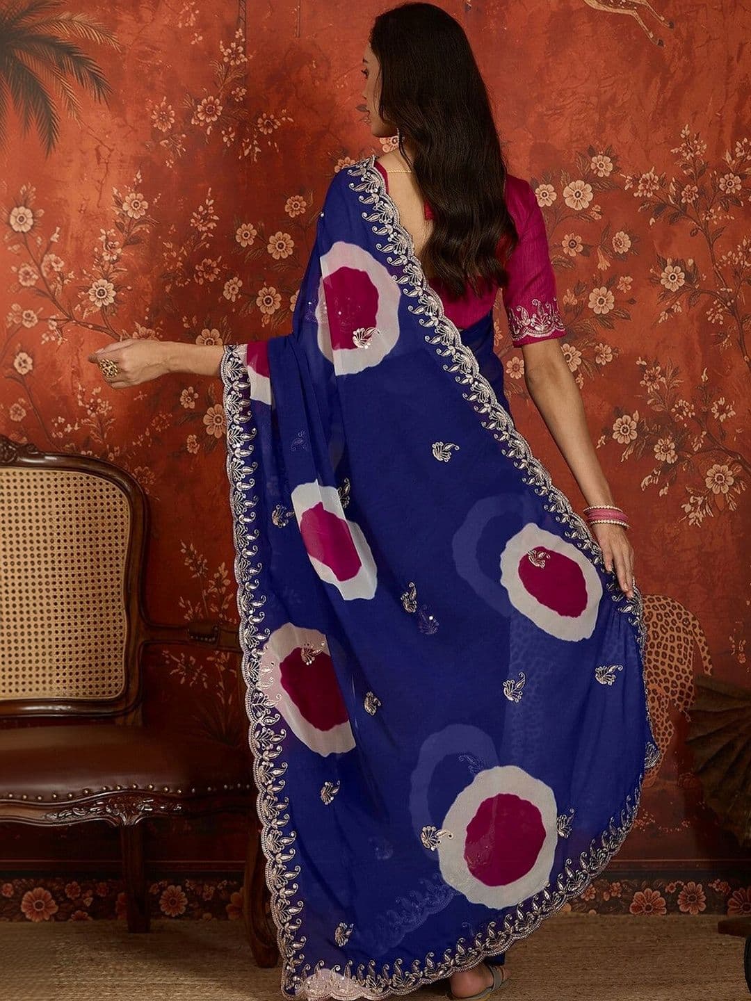 KALINI Tie and Dye Embroidered Pure Georgette Fusion Saree thumbnail 2