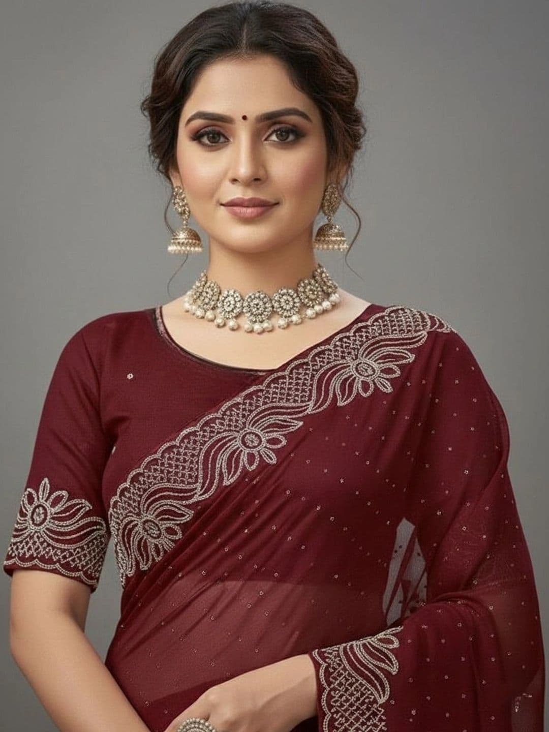 RENBRIZA Embroidered Poly Georgette Saree thumbnail 3