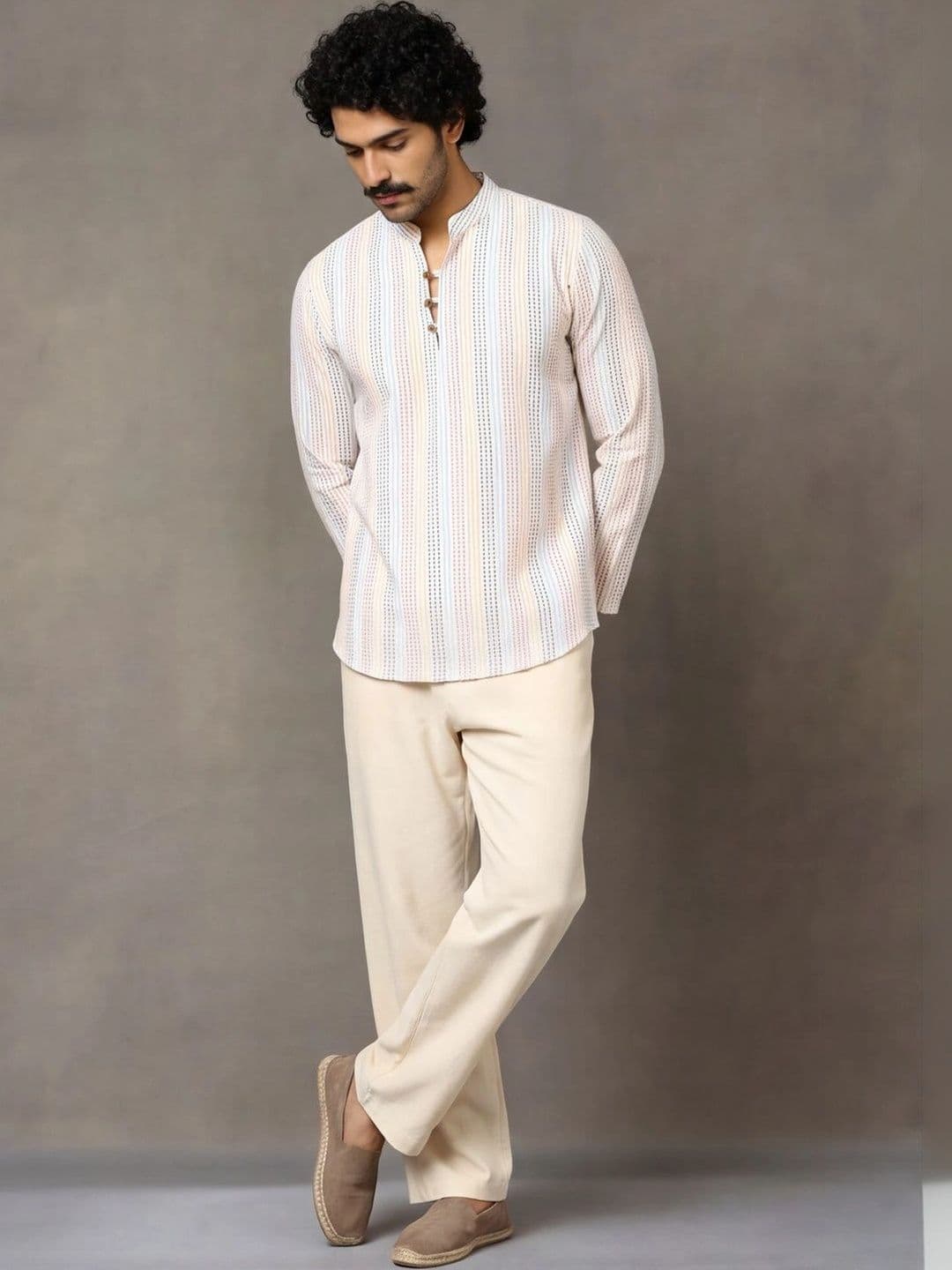 Navibhu Woven Design Striped Cotton Handloom Mandarin Collar Short Kurta - view 1