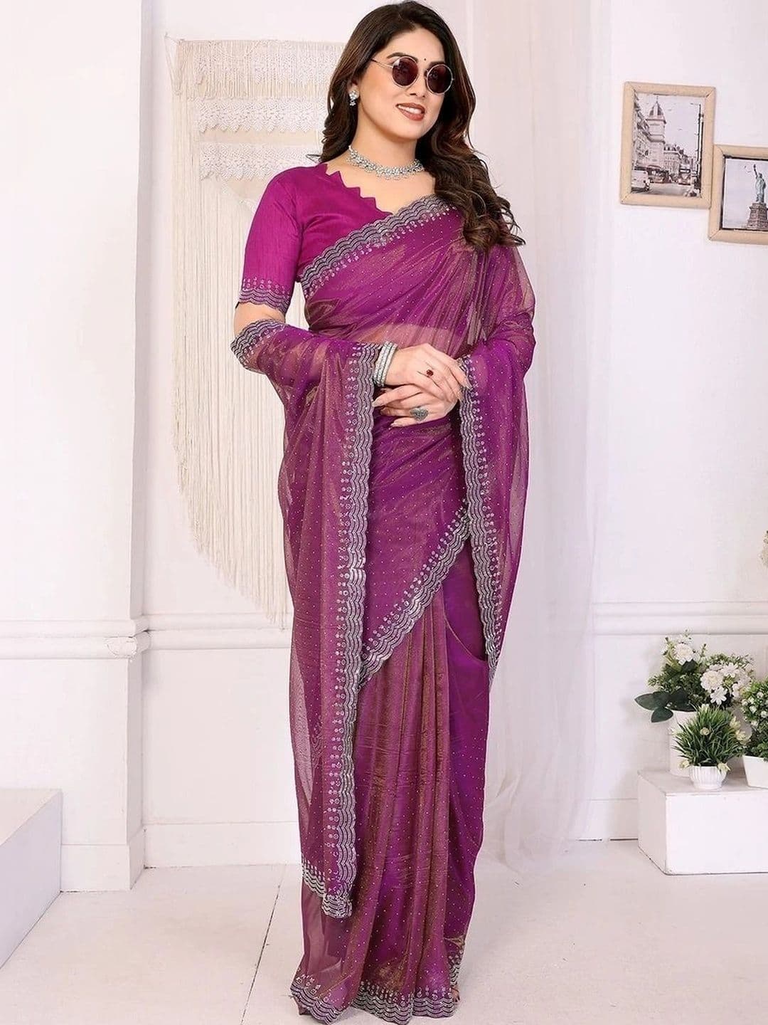 RENBRIZA Embellished Net Saree thumbnail 5