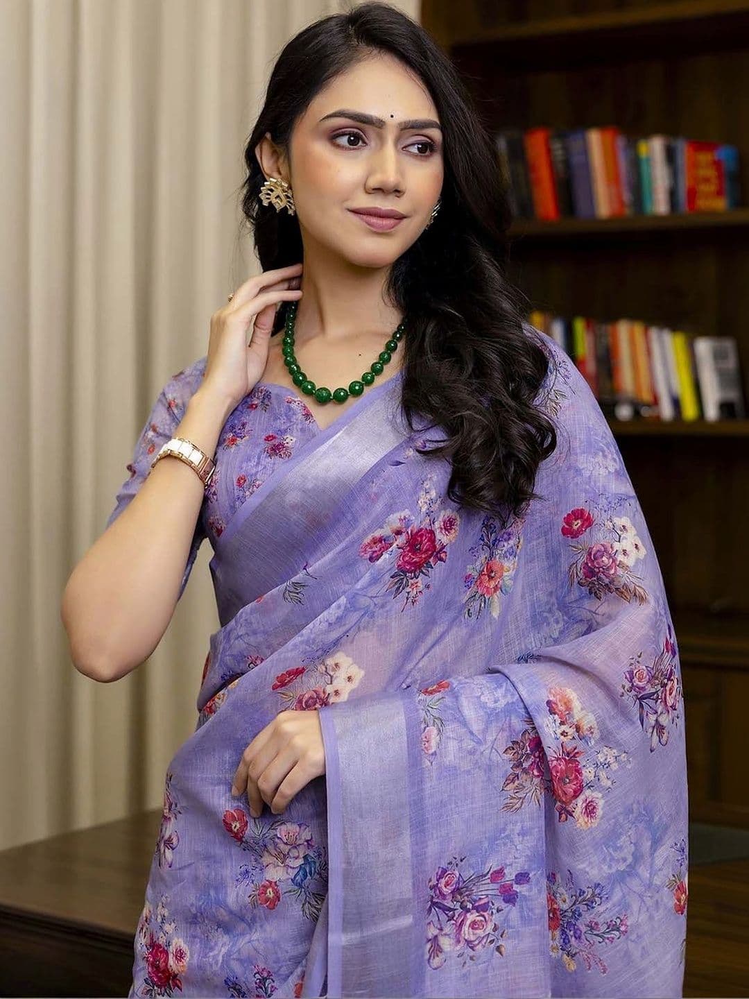 KALINI Floral Zari Pure Linen Fusion Saree thumbnail 3