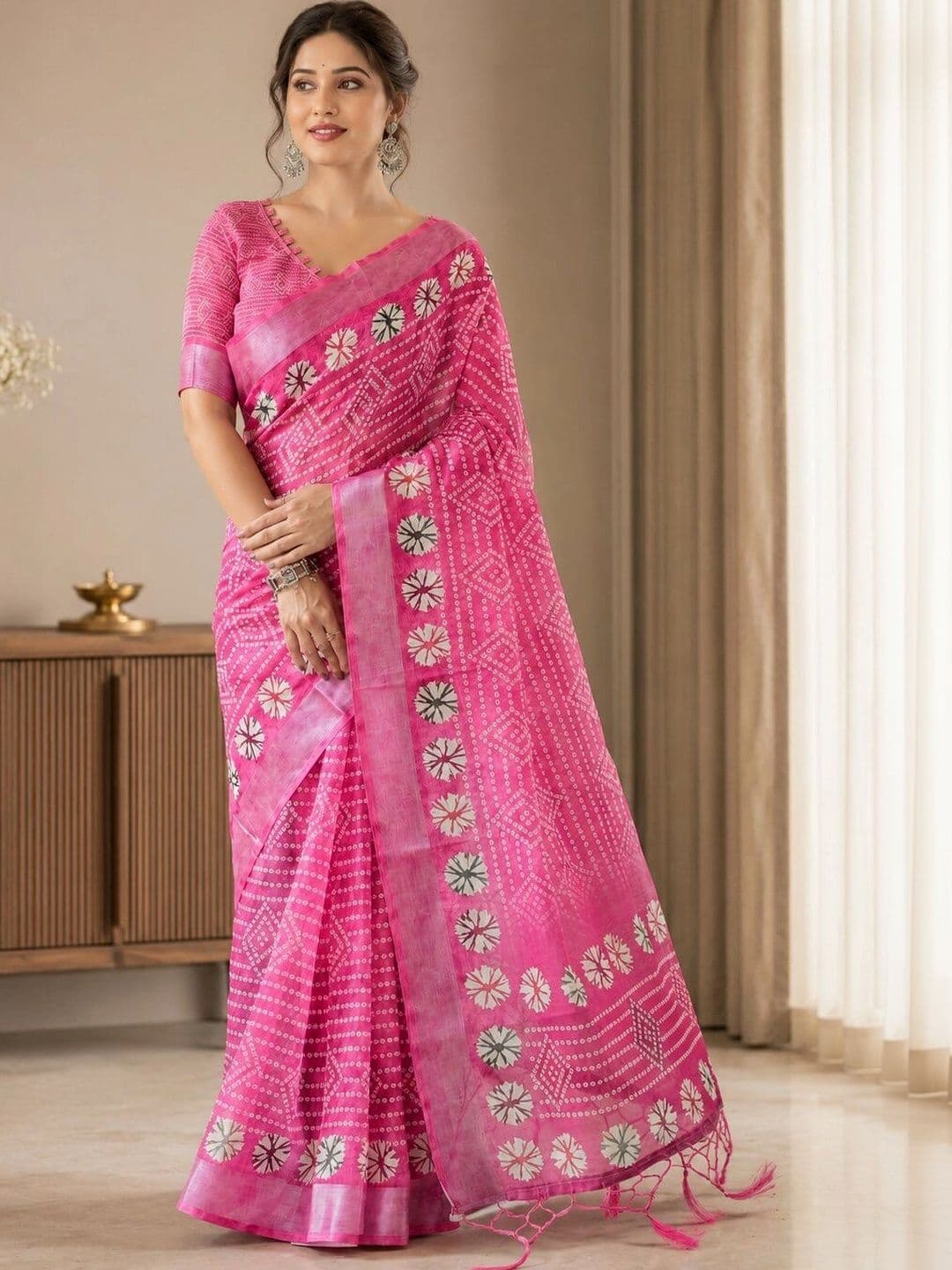 HERE&NOW Bandhani Linen Blend Bhagalpuri Saree - view 1