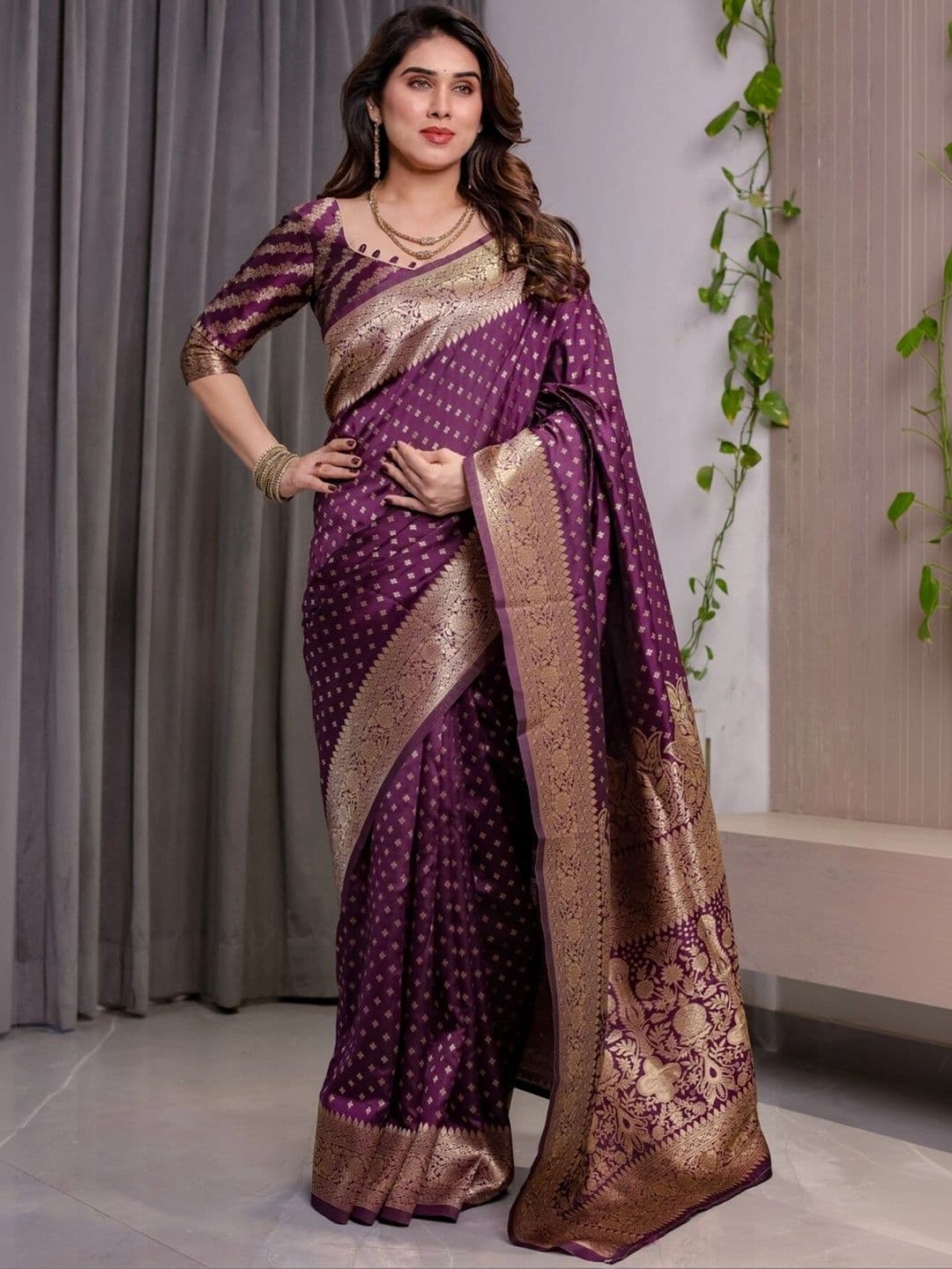 VS MALL Ethnic Motifs Zari Silk Cotton Banarasi Saree thumbnail 6
