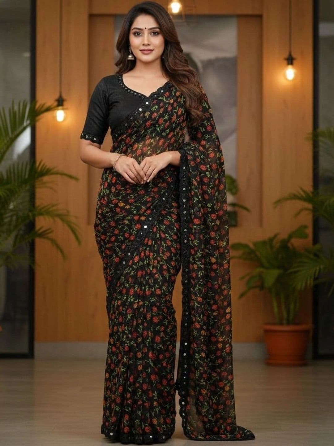 RENBRIZA Floral Poly Georgette Saree thumbnail 3