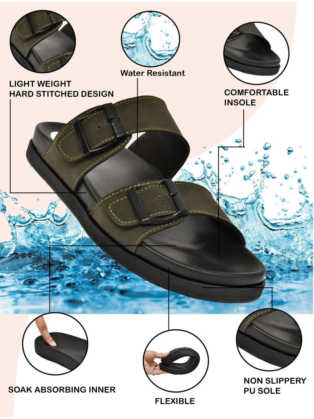 G L Trend Olive Leather Double-Strap Slip-On Water-Resistant  Sandals thumbnail 5