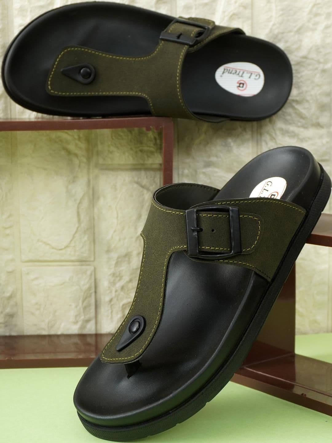 G L Trend Men Water-Resistant Olive Leather Slip-On T-Strap Sandals - view 1