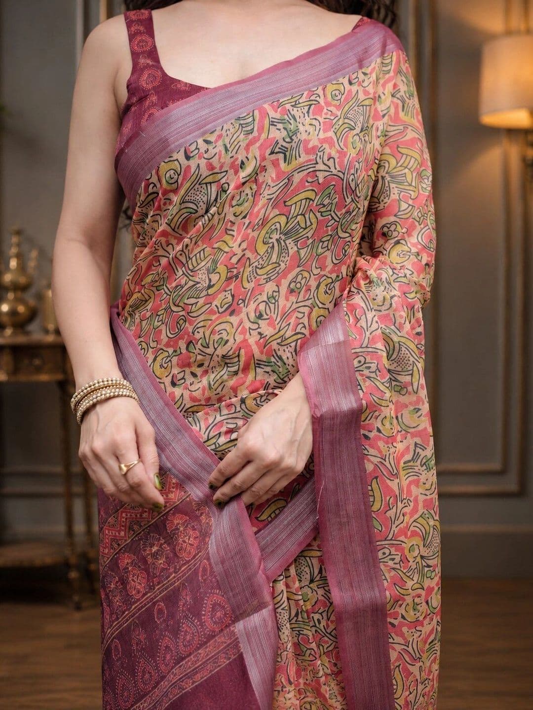 Moda Rapido Kalamkari Linen Blend Bhagalpuri Saree thumbnail 4