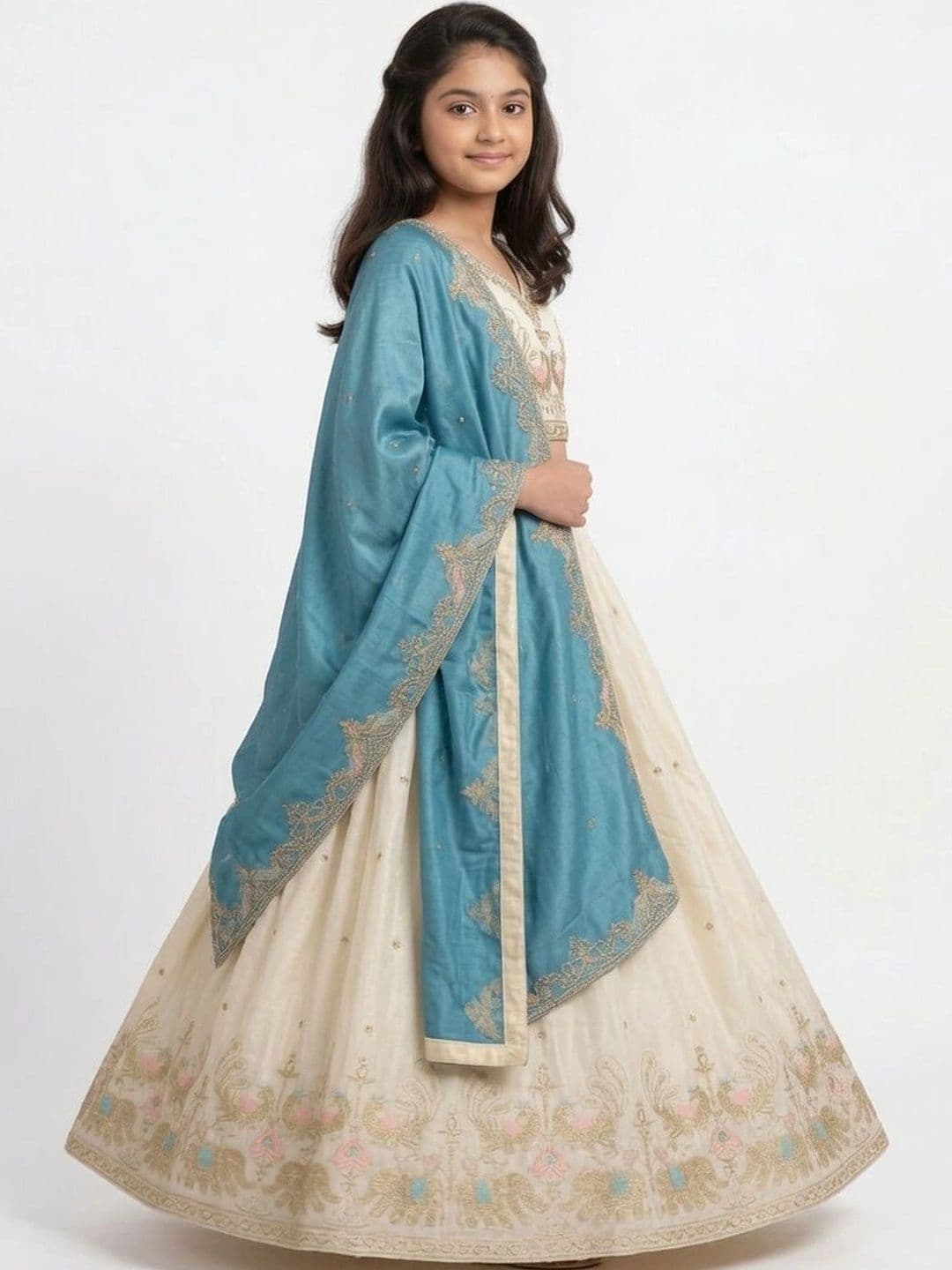 Closin Girls Embroidered Thread Work Ready to Wear Lehenga & Unstitched Blouse With Dupatta thumbnail 2