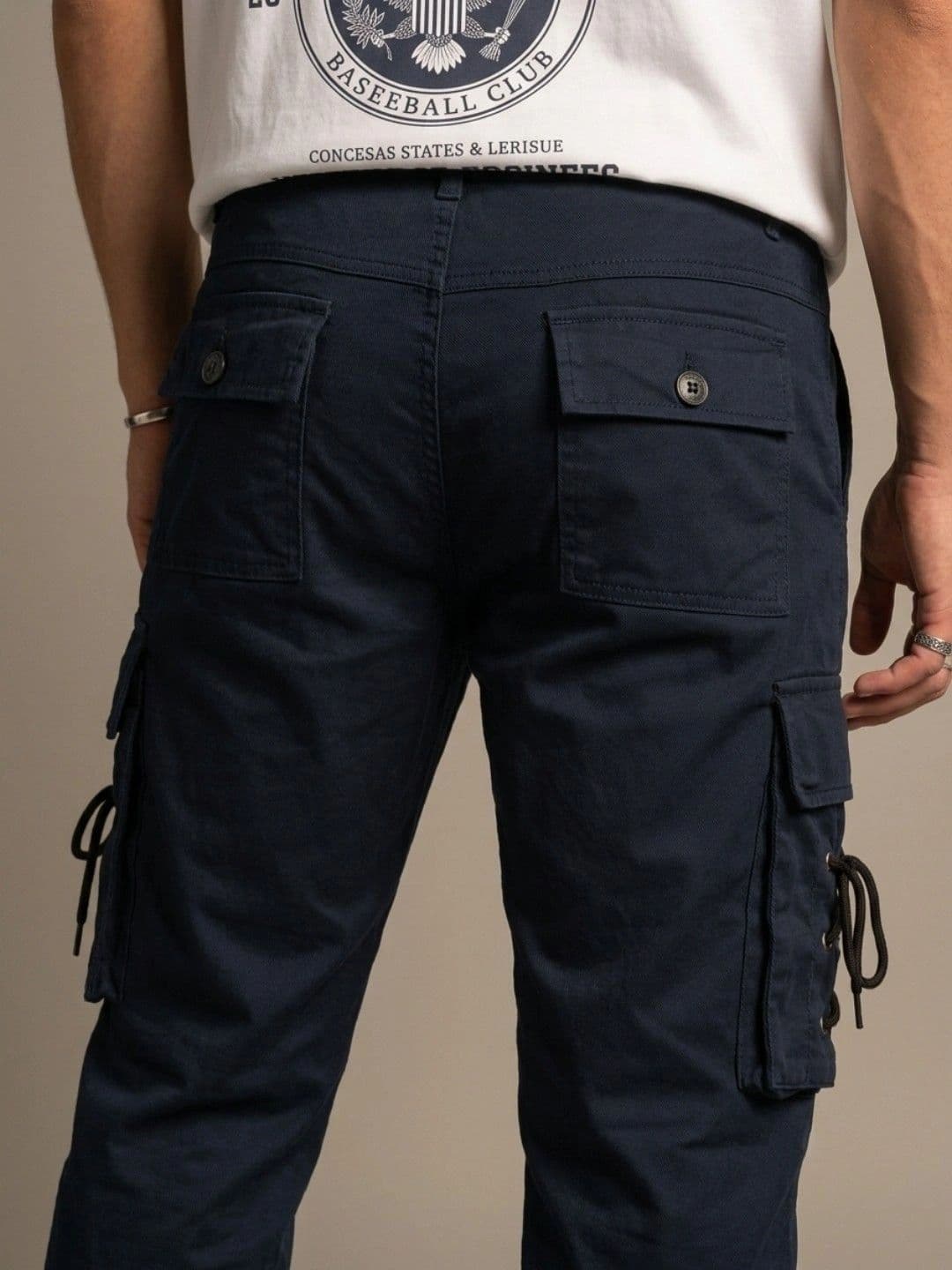 HERE&NOW Men's Dark Blue Mid-Rise Laced Cargo Jogger Trousers thumbnail 6