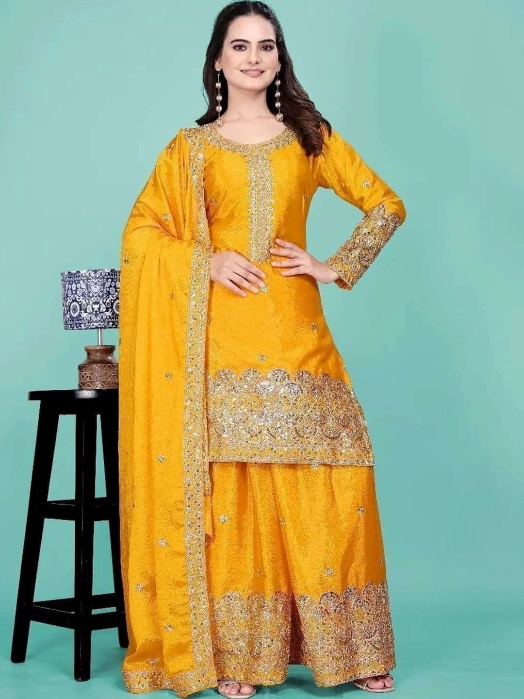 mudra creation Women Floral Regular Gotta Patti Kurta with Sharara & With Dupatta thumbnail 2