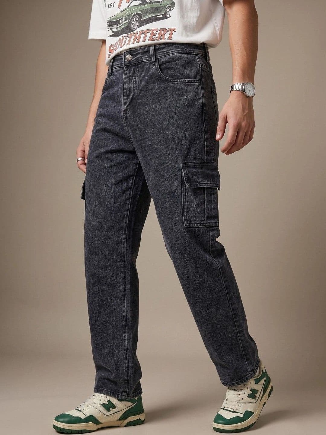 HERE&NOW Men's Dark Washed Mid-Rise Relaxed Fit Cargo Jeans thumbnail 2