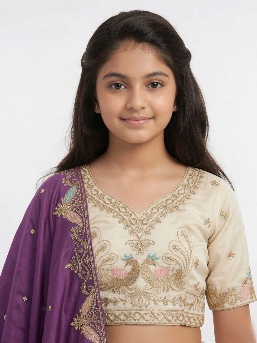 Closin Girls Embroidered Thread Work Ready to Wear Lehenga & Unstitched Blouse With Dupatta thumbnail 3
