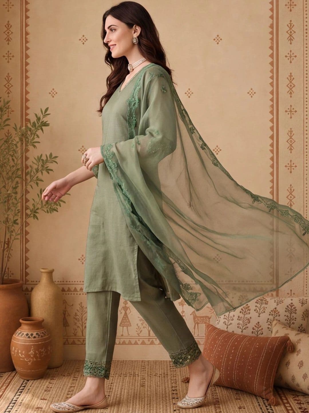 Anouk Women Regular Thread Work Kurta with Trousers & With Dupatta thumbnail 4