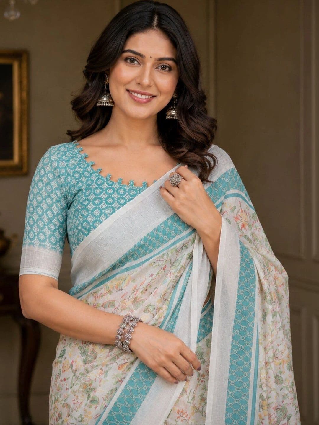 HERE&NOW Floral Linen Blend Bhagalpuri Saree thumbnail 3