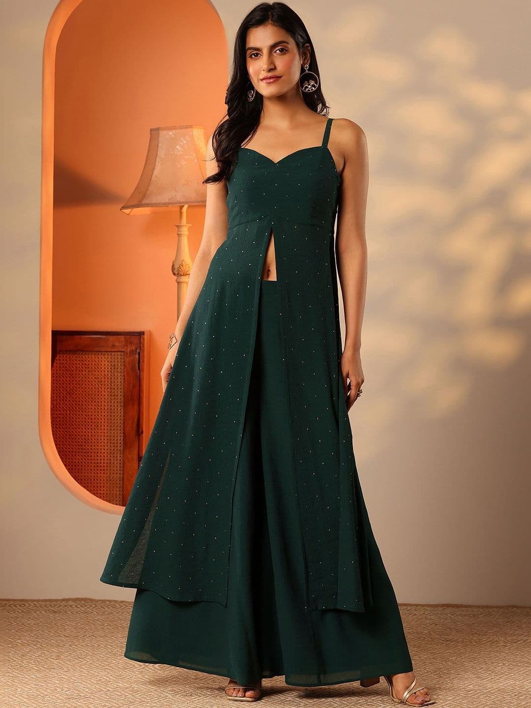 Libas Women High Slit Sequinned Kurta with Palazzos - view 1