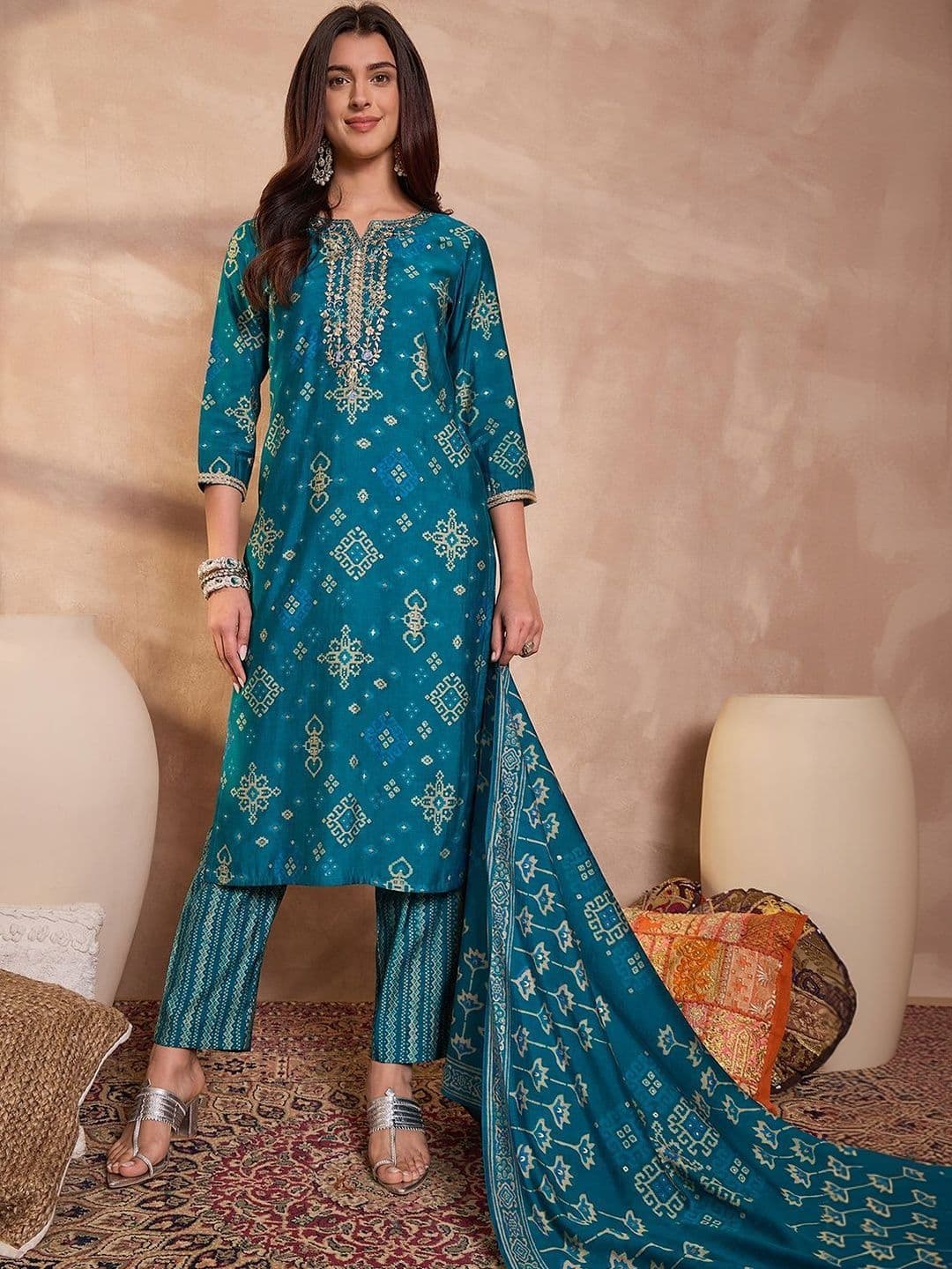 KALINI Women Ethnic Motifs Printed Regular Thread Work Kurta with Trousers & With Dupatta thumbnail 4