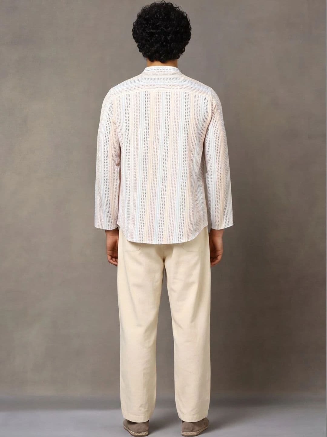 Navibhu Woven Design Striped Cotton Handloom Mandarin Collar Short Kurta thumbnail 4