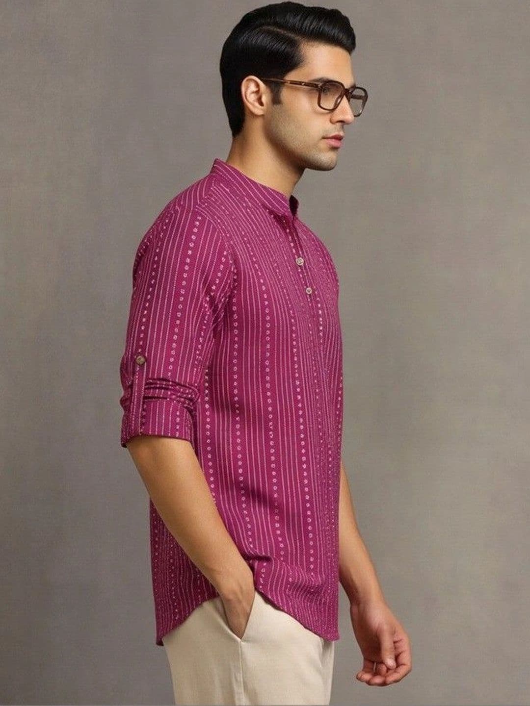 Navibhu Woven Design Striped Cotton Handloom Mandarin Collar Short Kurta thumbnail 2