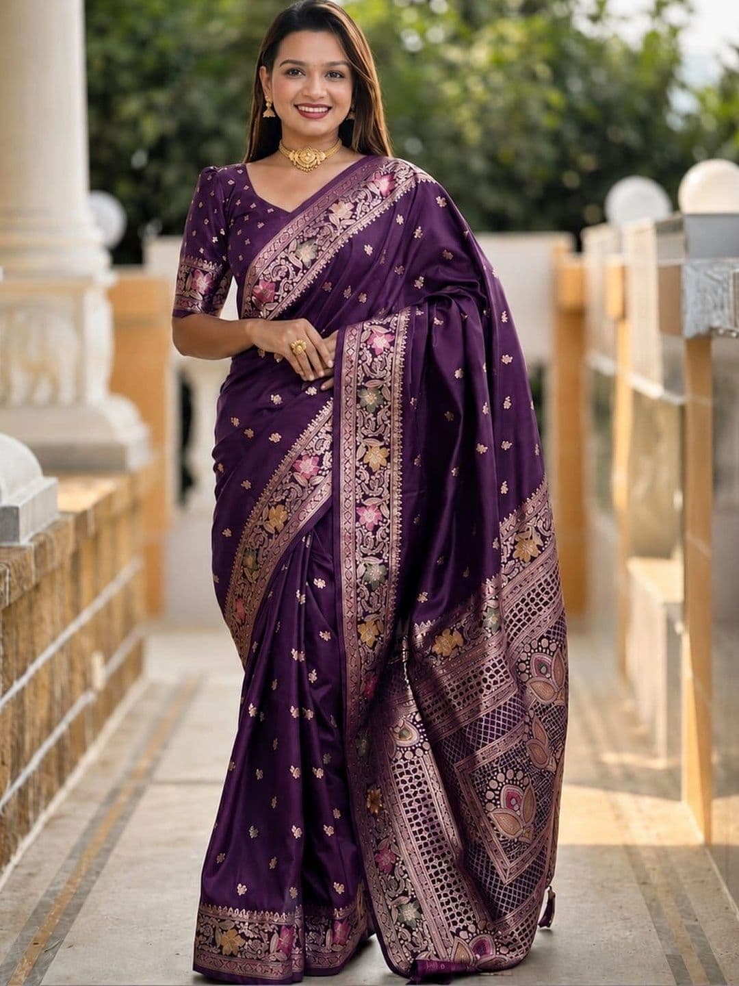 Dreamposhak Zari Satin Banarasi Saree - view 1