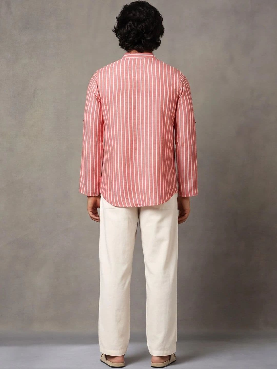 Navibhu Woven Design Striped Cotton Handloom Mandarin Collar Short Kurta thumbnail 4