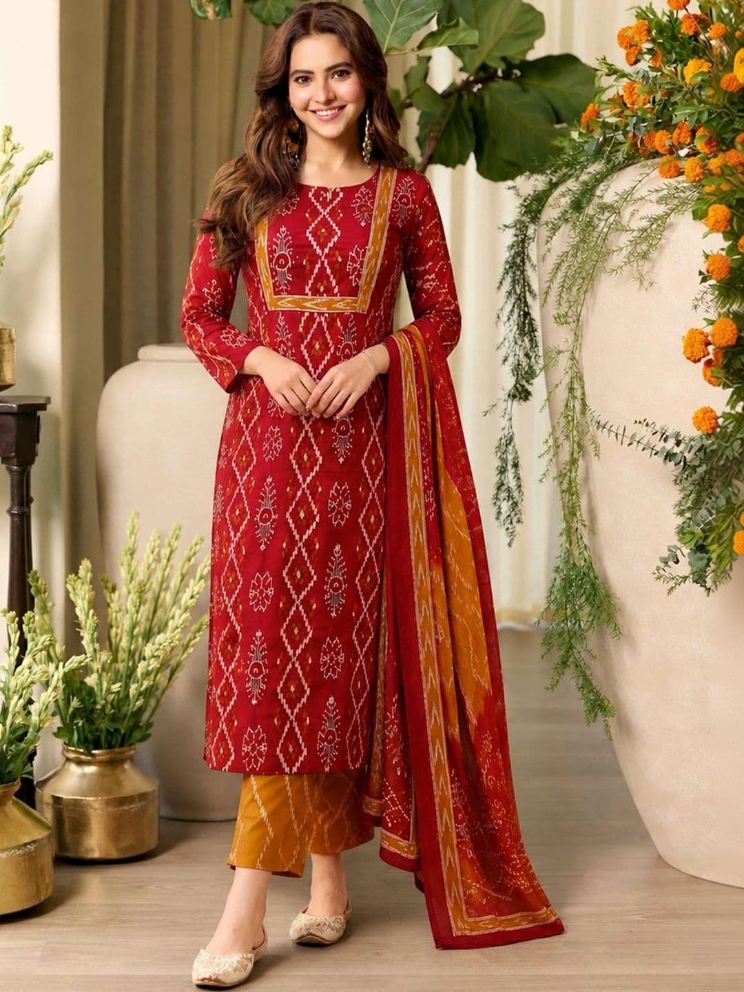 GoSriKi Women Ethnic Motifs Printed Regular Kurta with Trousers & With Dupatta - view 1