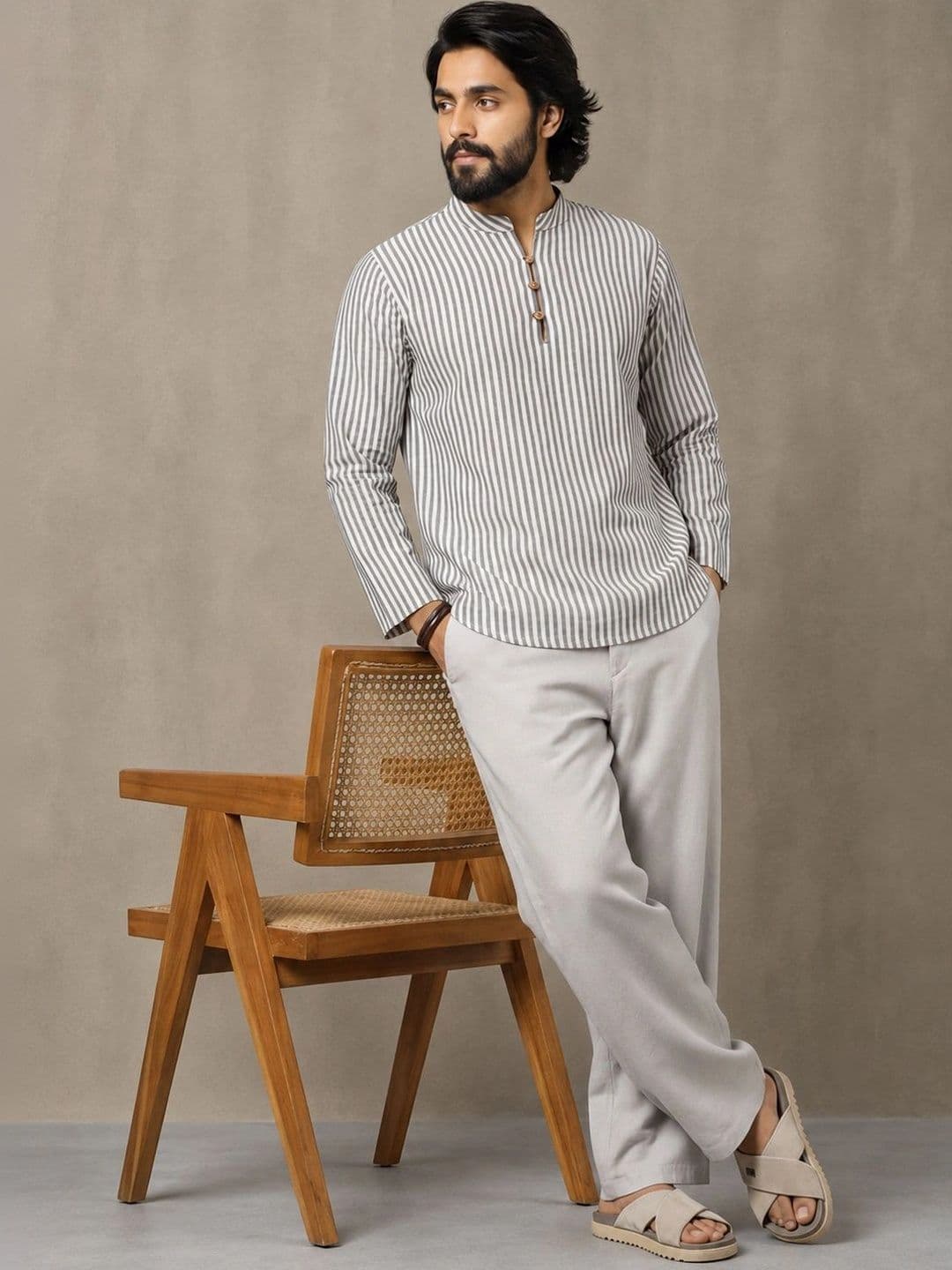 Navibhu Woven Design Striped Cotton Handloom Mandarin Collar Short Kurta - view 1