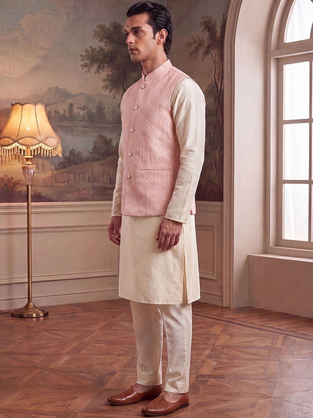 House of Pataudi Jacquard Woven Design Mandarin Collar Koti thumbnail 2