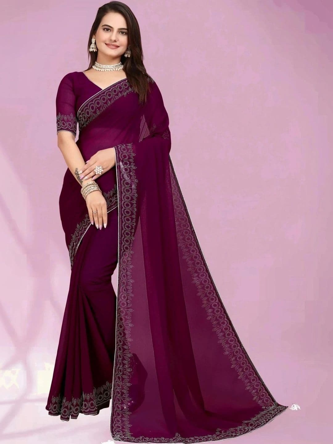 RENBRIZA Embroidered Poly Georgette Saree - view 1