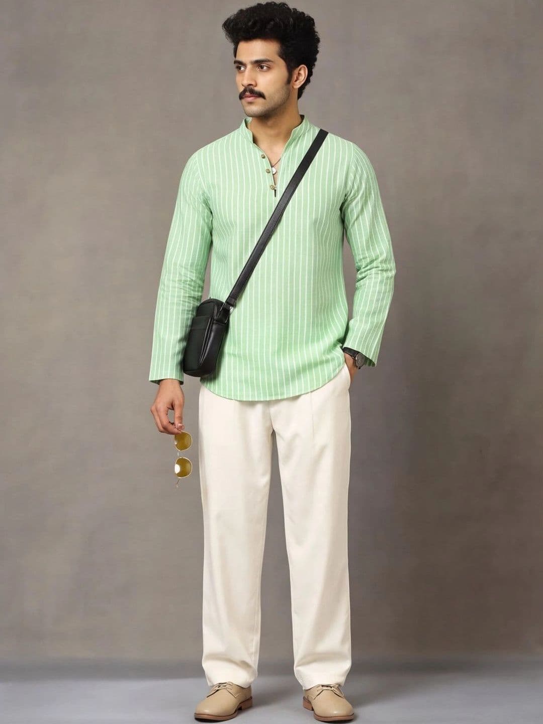Navibhu Woven Design Striped Cotton Handloom Mandarin Collar Short Kurta - view 1