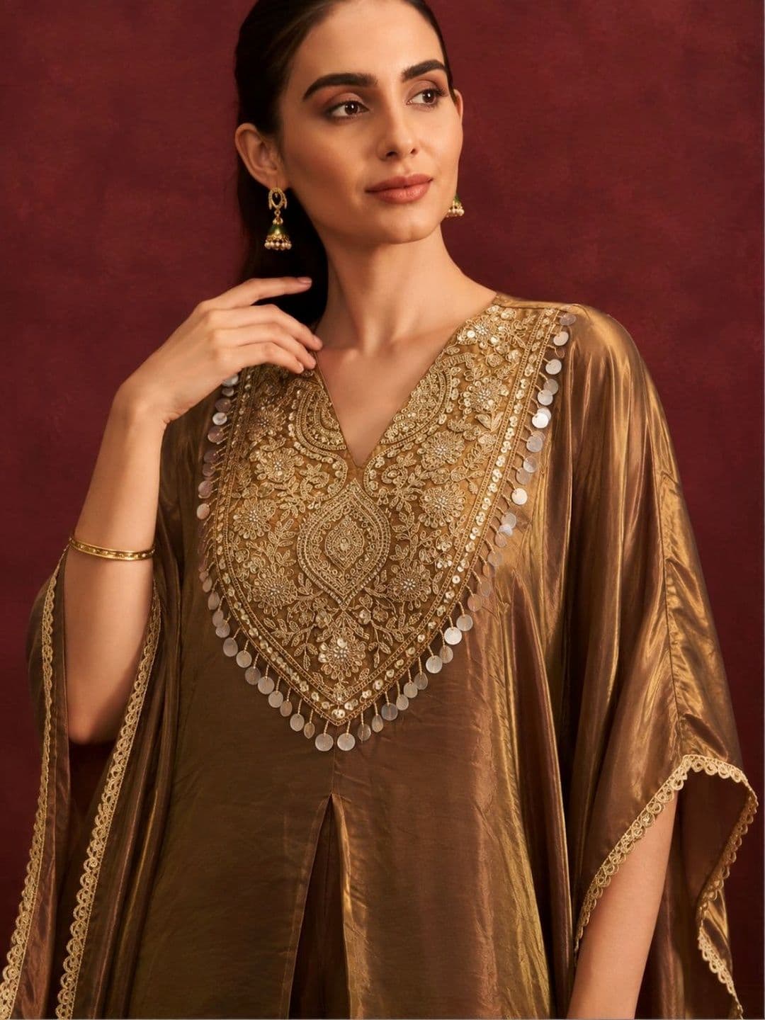 Colors  of Earth Colors of Earth Women Embroidered Regular Mirror Work Pure Silk Kurta with Palazzos thumbnail 4