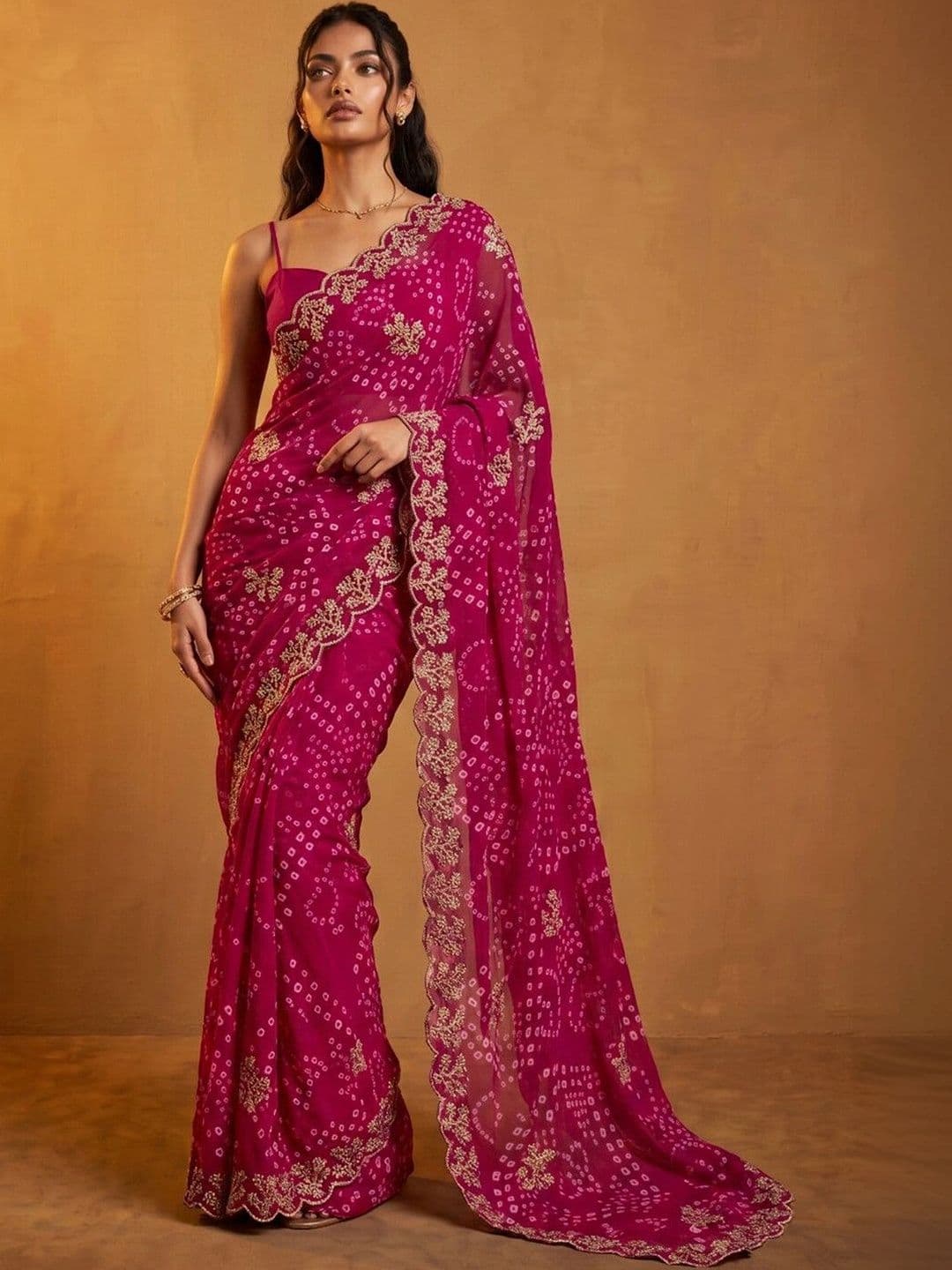 DRIP CHOWK Bandhani Embroidered Pure Georgette Fusion Bandhani Saree - view 1
