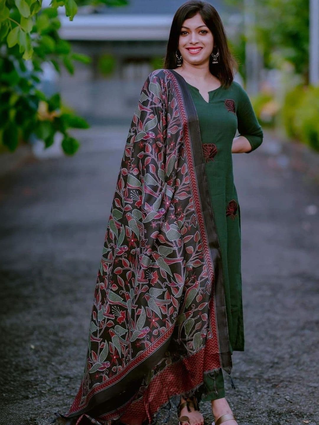 Urban India Women Floral Embroidered Regular Thread Work Pure Cotton Kurta with Trousers & With Dupatta - view 1