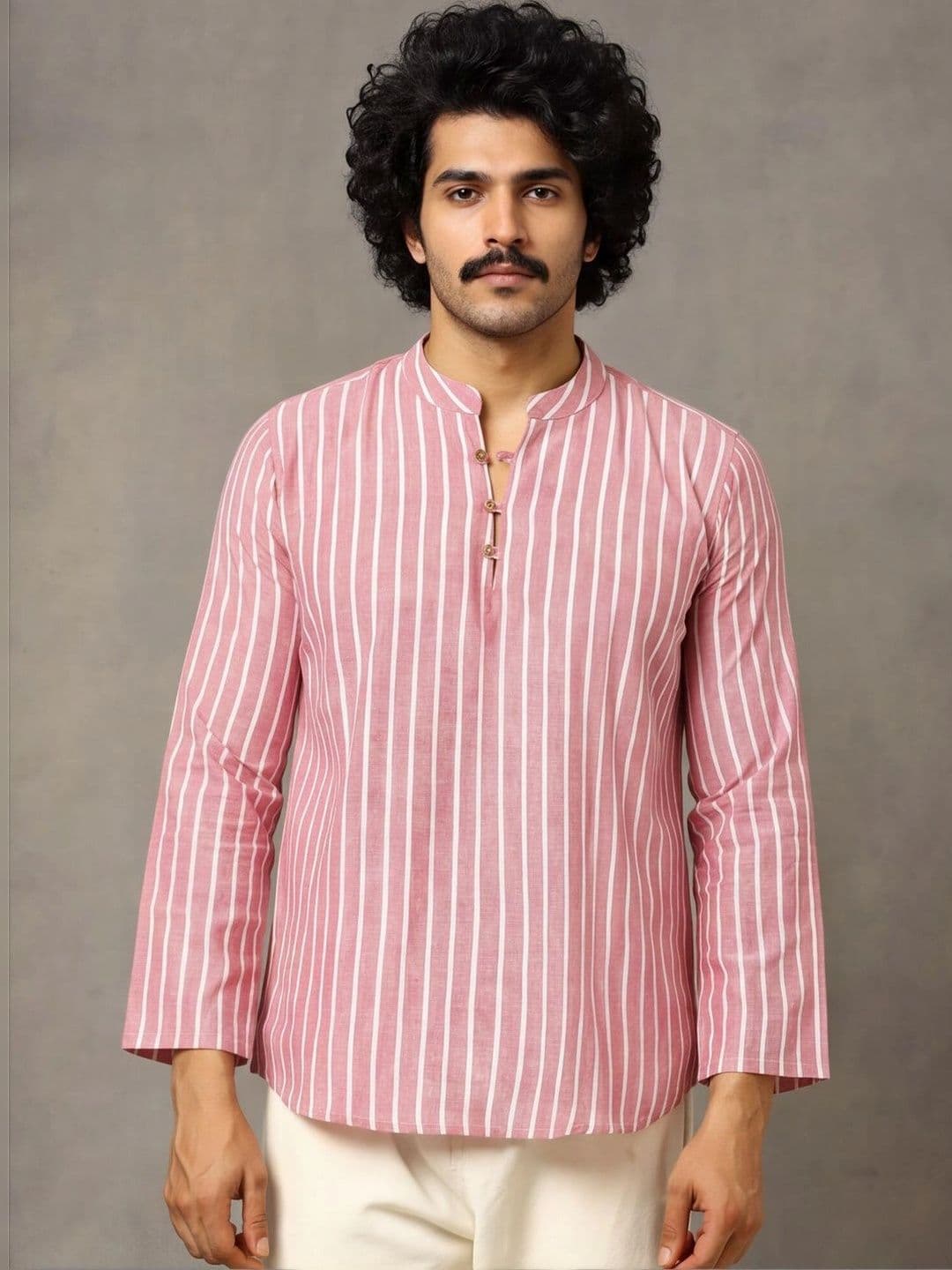 Navibhu Woven Design Striped Cotton Handloom Mandarin Collar Short Kurta thumbnail 3