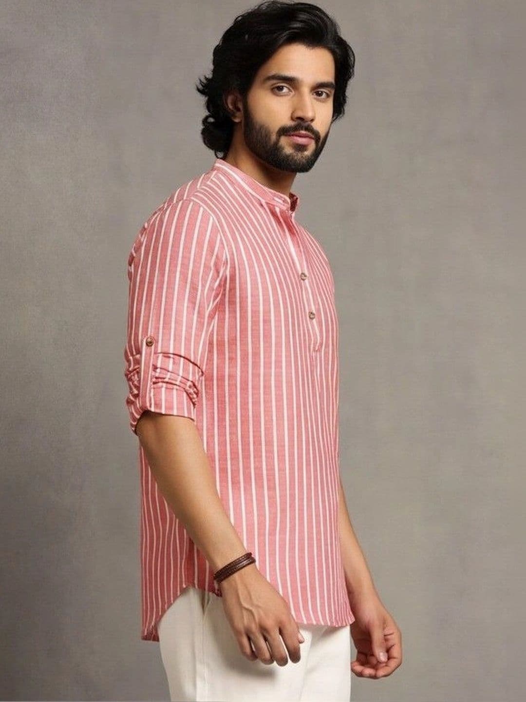 Navibhu Woven Design Striped Cotton Handloom Mandarin Collar Short Kurta thumbnail 6