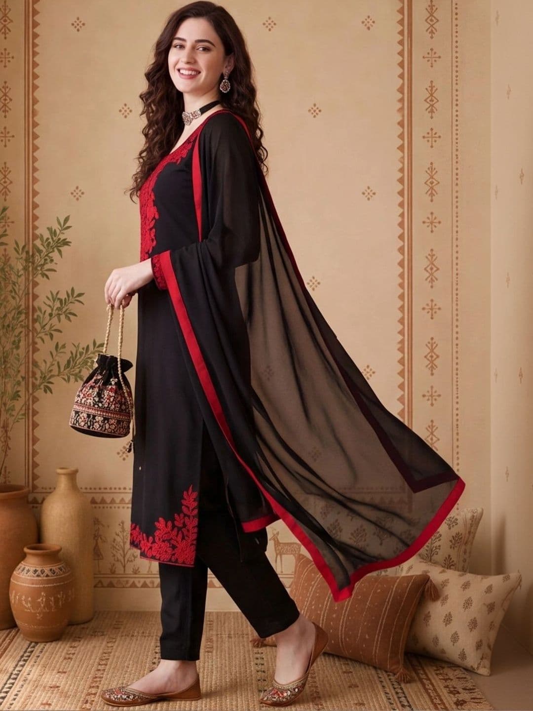 Anouk Women Floral Embroidered Regular Thread Work Kurta with Trousers & With Dupatta thumbnail 3