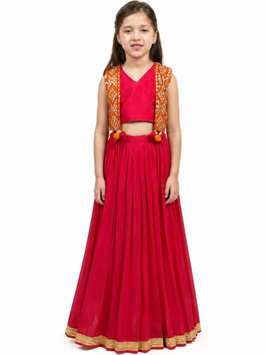 PICCOLO Girls  Mul Chanderi Choli, Lehenga & Mirror-Work Kachli Set-Red - view 1