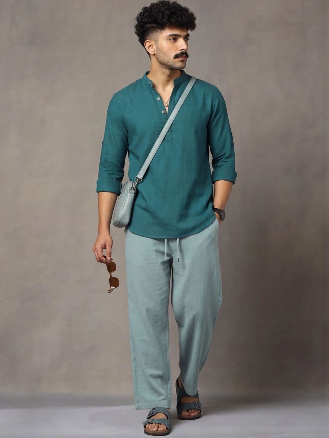 Navibhu Woven Design Solid Cotton Handloom Mandarin Collar Short Kurta - view 1