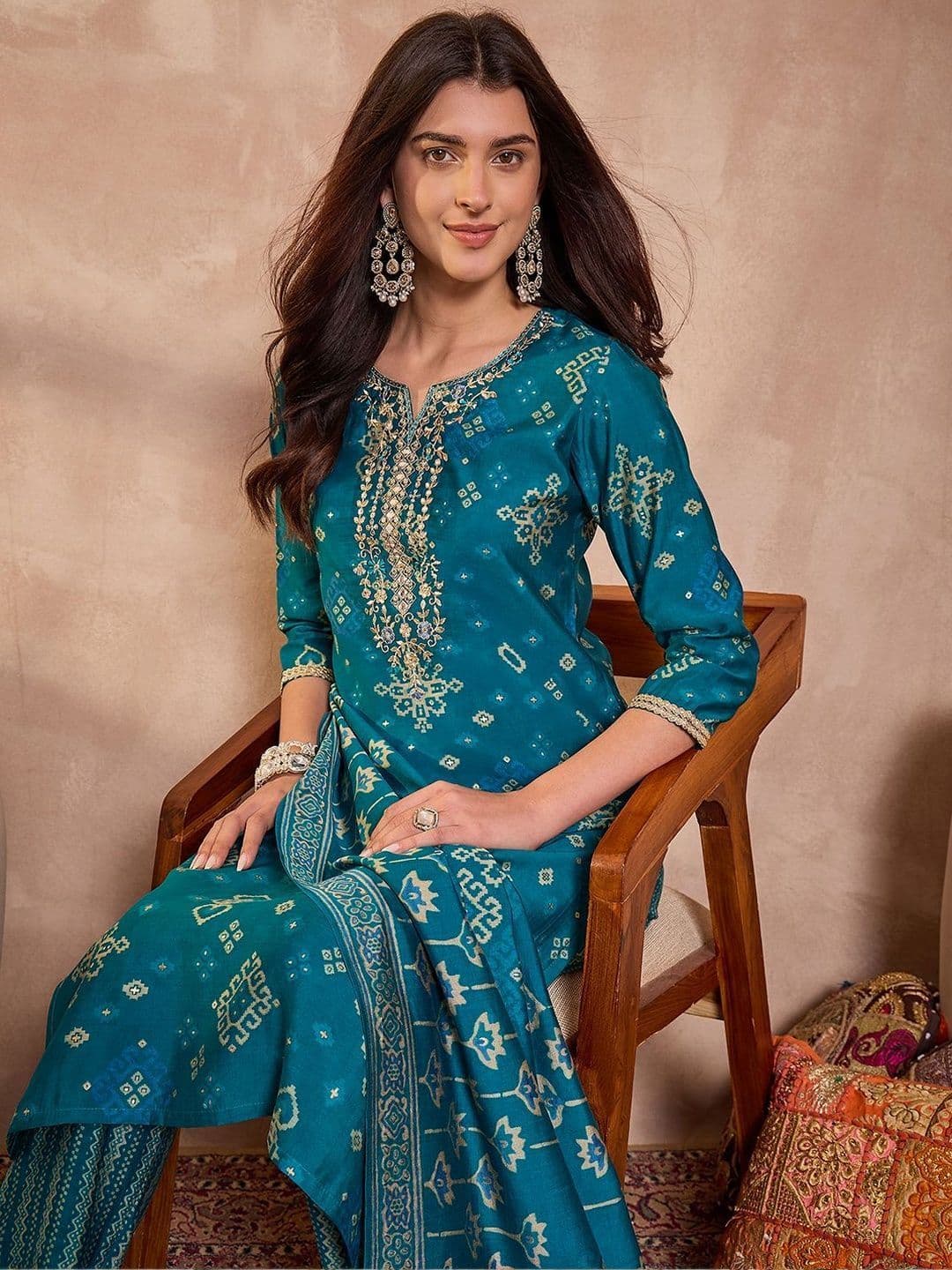 KALINI Women Ethnic Motifs Printed Regular Thread Work Kurta with Trousers & With Dupatta thumbnail 6