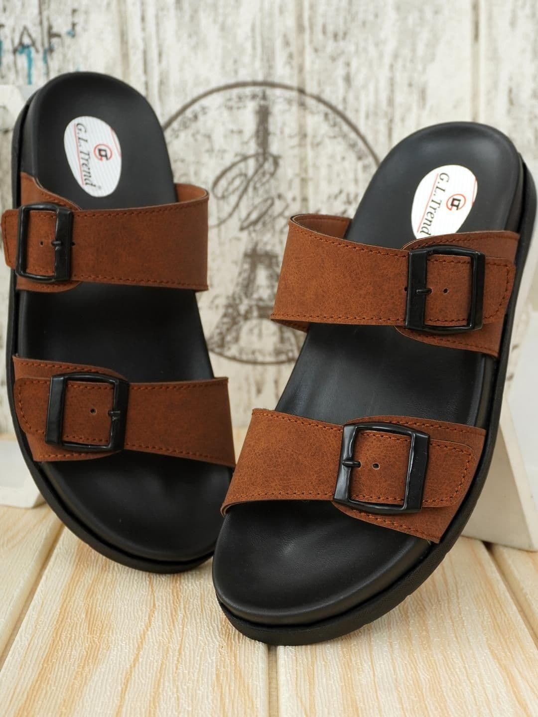 G L Trend Tan Leather Double-Strap Slip-On Water-Resistant Sandals - view 1