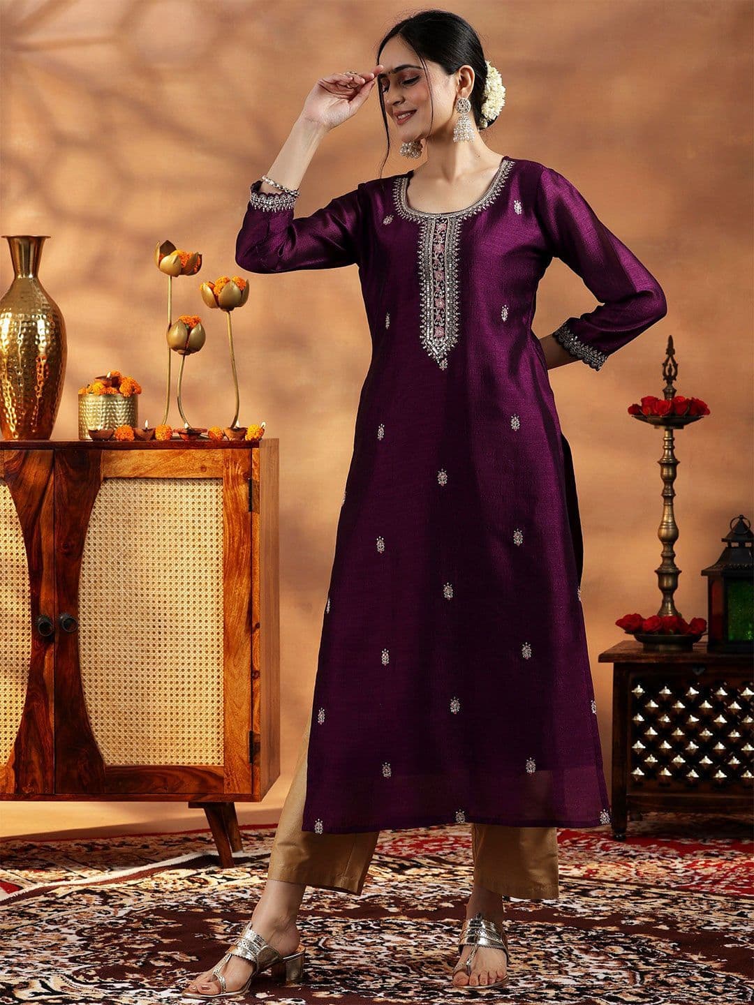Libas Women Burgundy Embroidered Silk Straight Kurta thumbnail 6