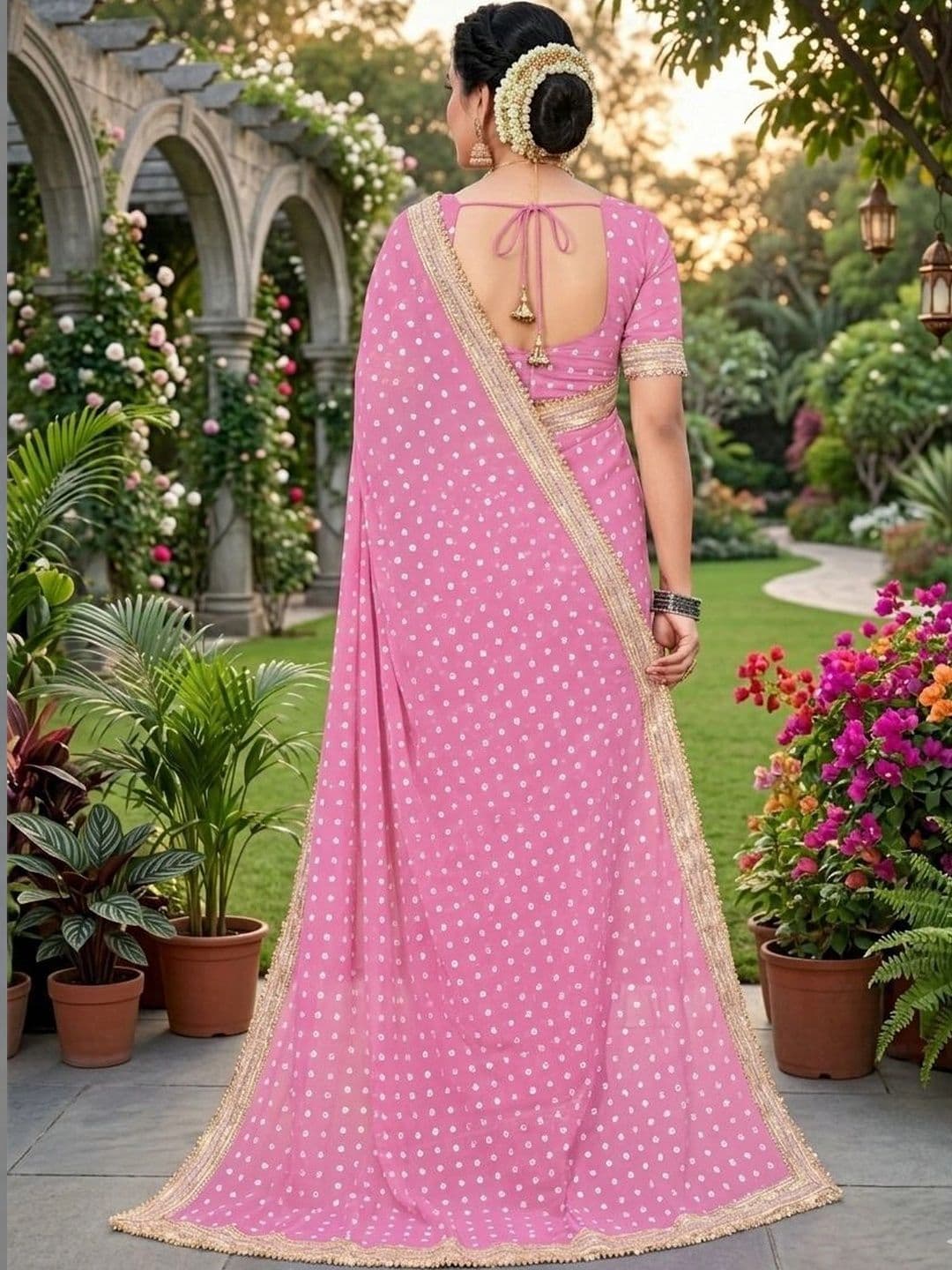 shreecre Bandhani Zari Pure Georgette Saree thumbnail 3