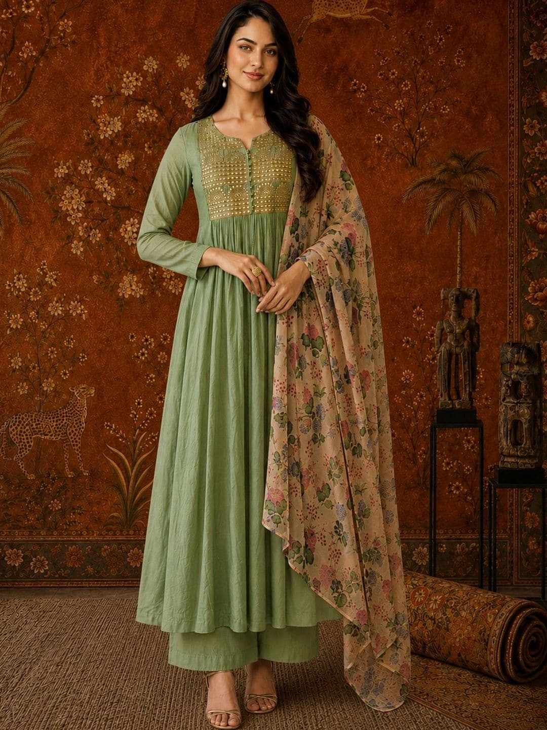Sangria Women Floral Embroidered Empire Mirror Work Kurta with Palazzos & With Dupatta thumbnail 3